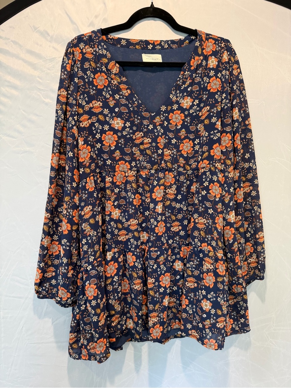 MELLODAY Navy Floral V-Neck Babydoll Top with Orange Blooms